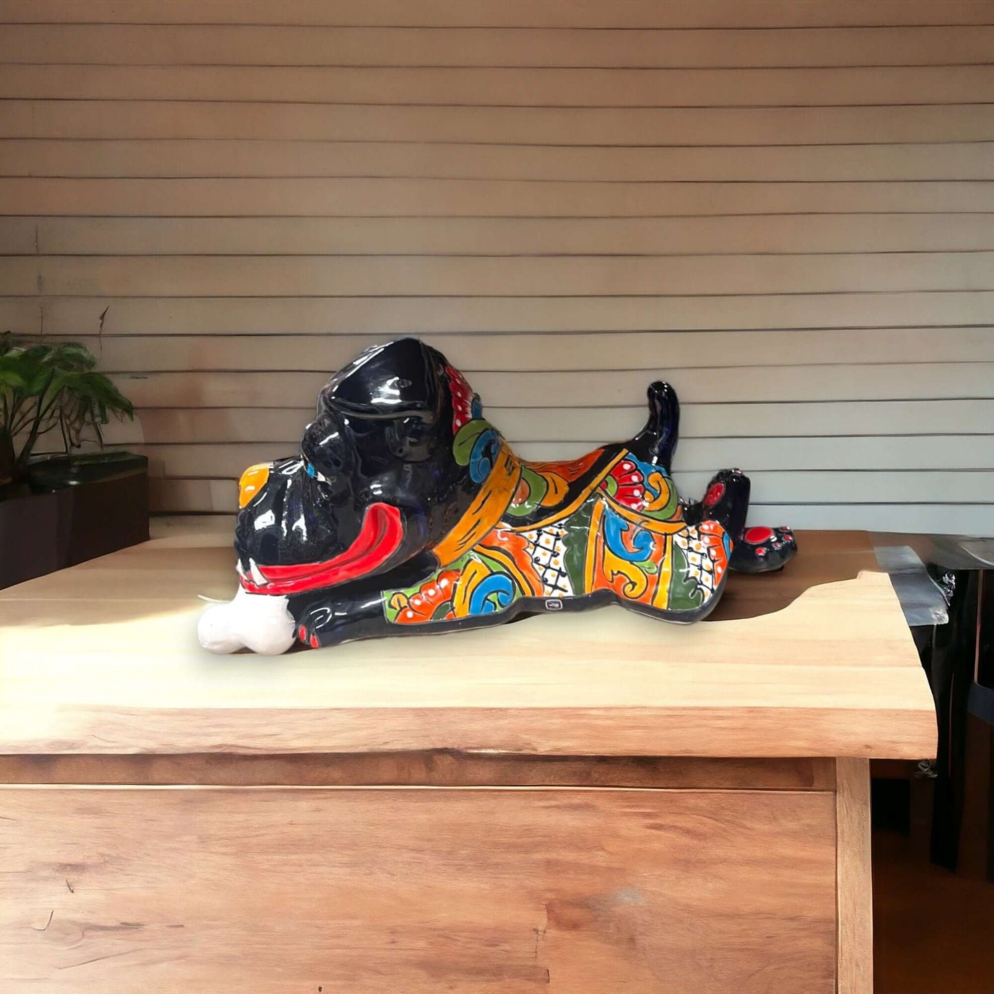 Handpainted Talavera Ceramic Dog Decor with Bone
